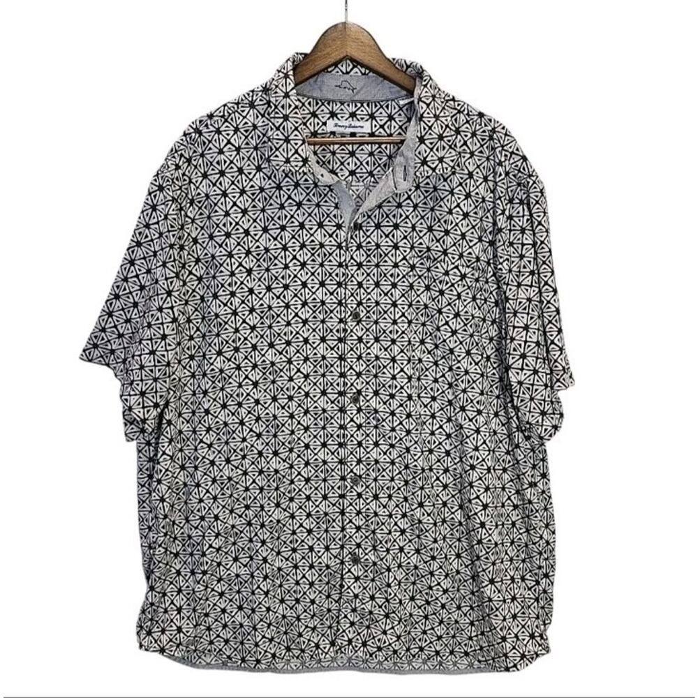 Tommy Bahama IslandZone Shirt 3XL Silk Blend Geometric Tile Print Black Gray